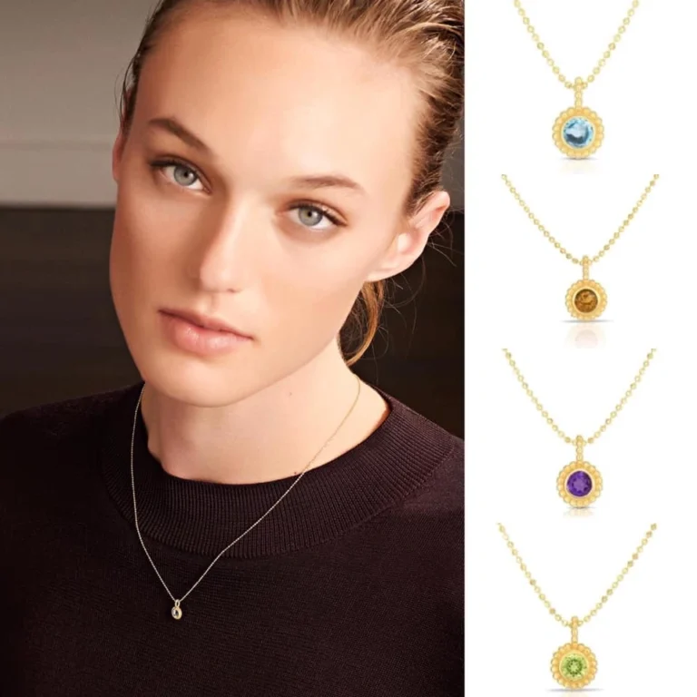 Promotional image featuring a model on the left and a collection of 14k gold pendants on the right, showcasing blue, orange, purple, and green gemstones.