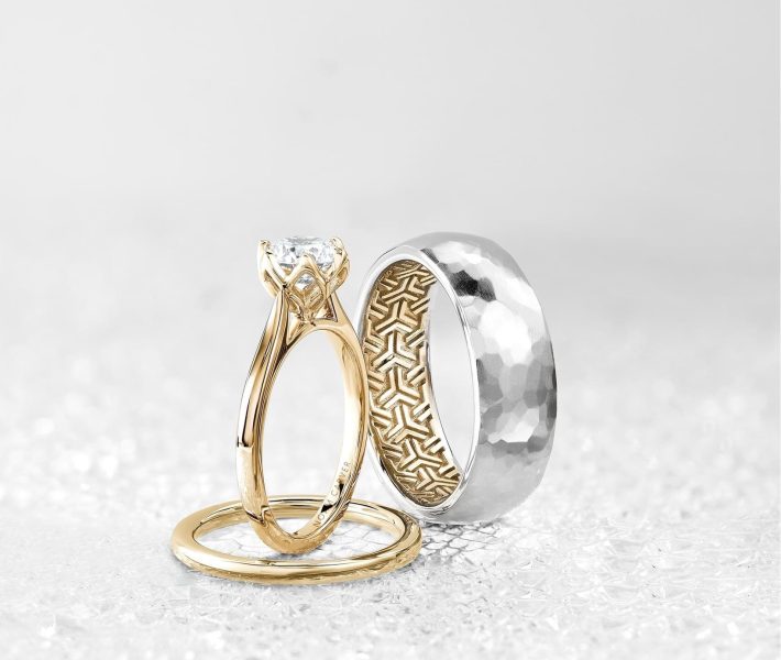 A set of engaging rings and wedding bands.