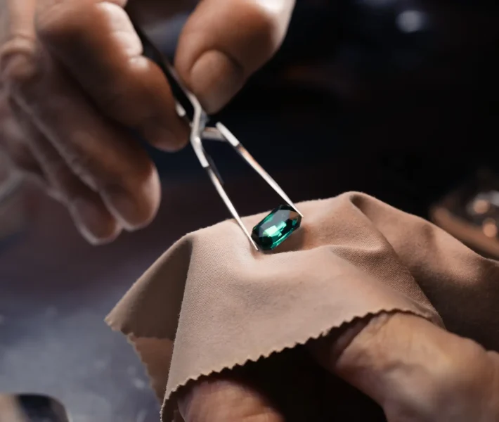 Professional jeweler working with gemstone, closeup view